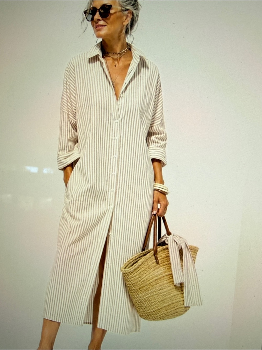 Striped Button-Front Maxi Shirt Dress in Cream and Tan
